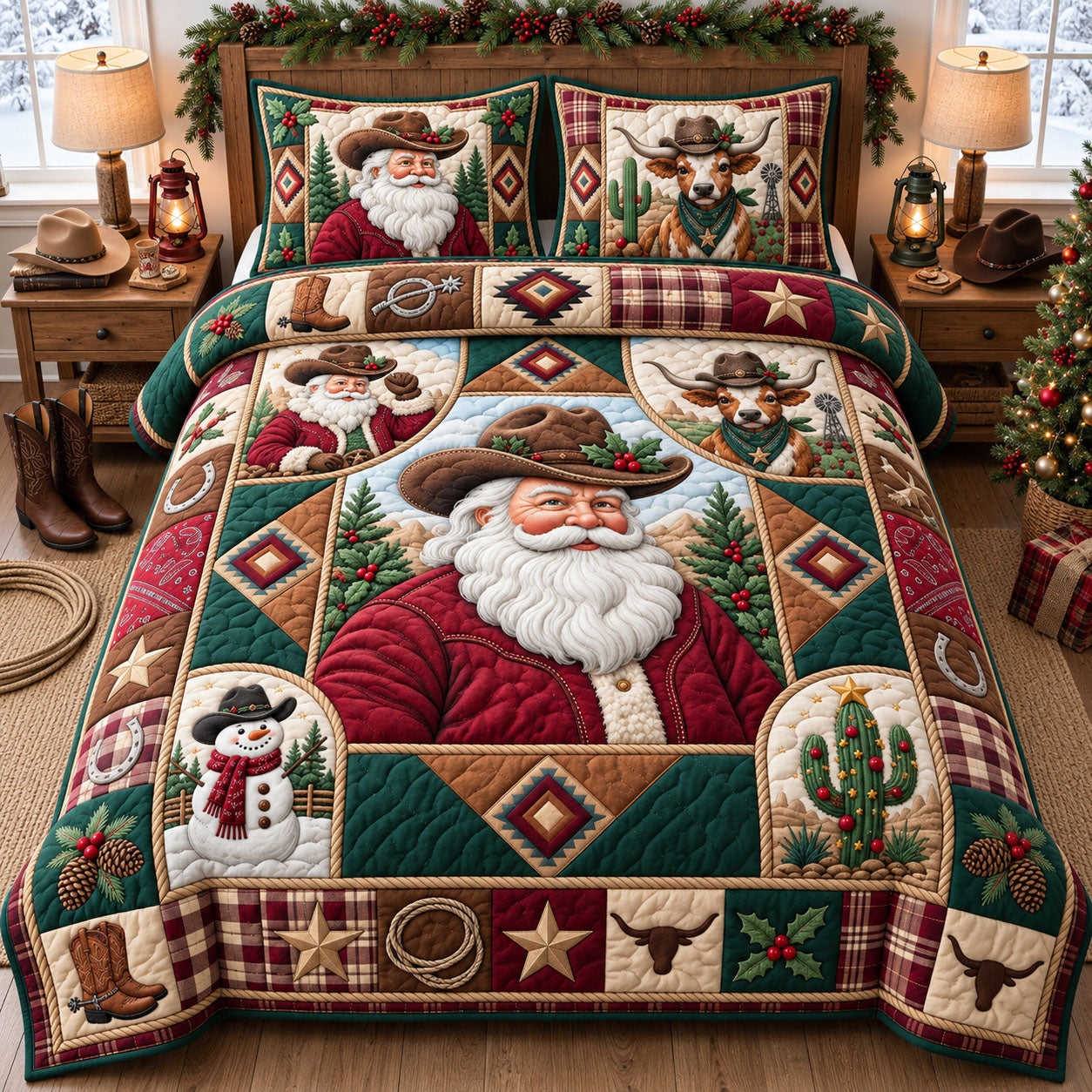 Western Santa 3-Piece Quilted Bedding Set GFTOPND2618