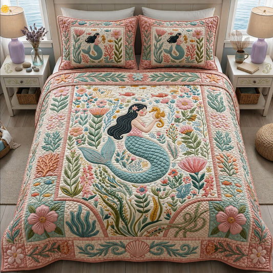 Mermaid And Seahorse 3-Piece Quilted Bedding Set GFTOPND262