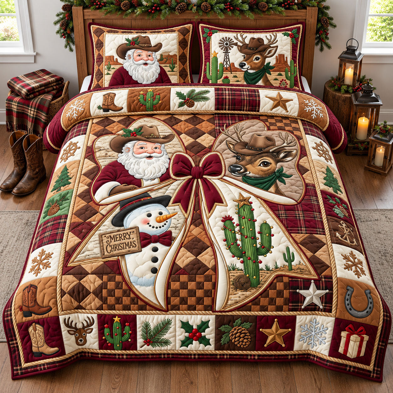 Western Santa Bow 3-Piece Quilted Bedding Set GFTOPND2620