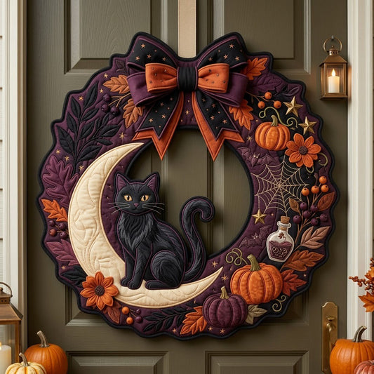 Moonlit Black Cat Custom Shape Quilted Door Hanger GFTOPND2625