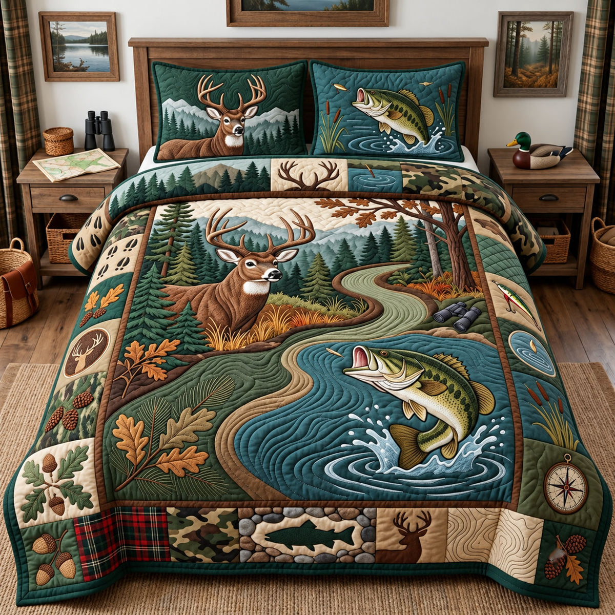 Hunting Fishing 3-Piece Quilted Bedding Set GFTOPND2639