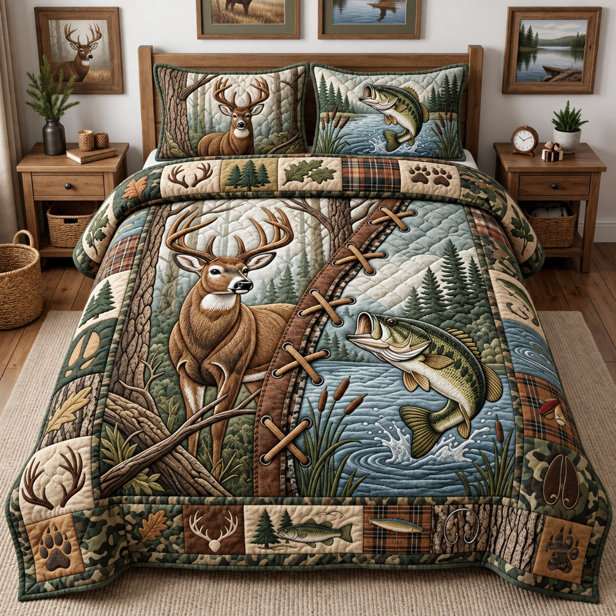 Hunting Fishing 3-Piece Quilted Bedding Set GFTOPND2640