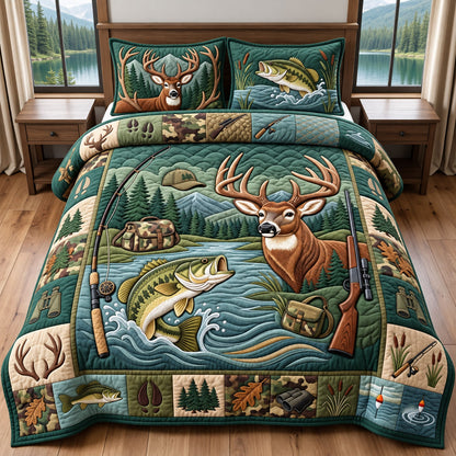 Hunting Fishing 3-Piece Quilted Bedding Set GFTOPND2641