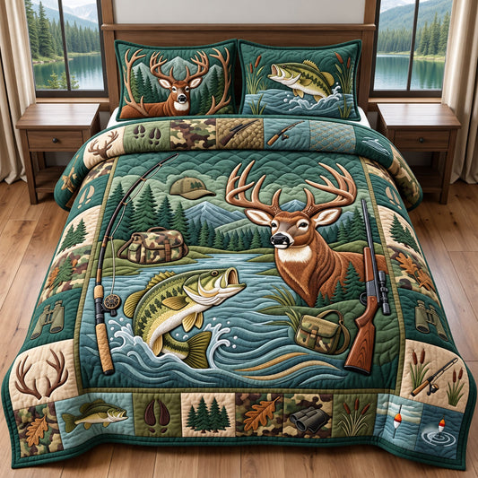 Hunting Fishing 3-Piece Quilted Bedding Set GFTOPND2641