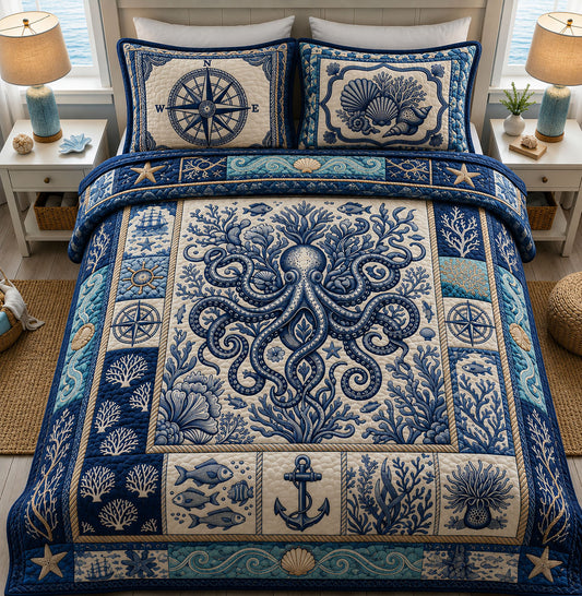 Blue Octopus Ocean 3-Piece Quilted Bedding Set GFTOPND267