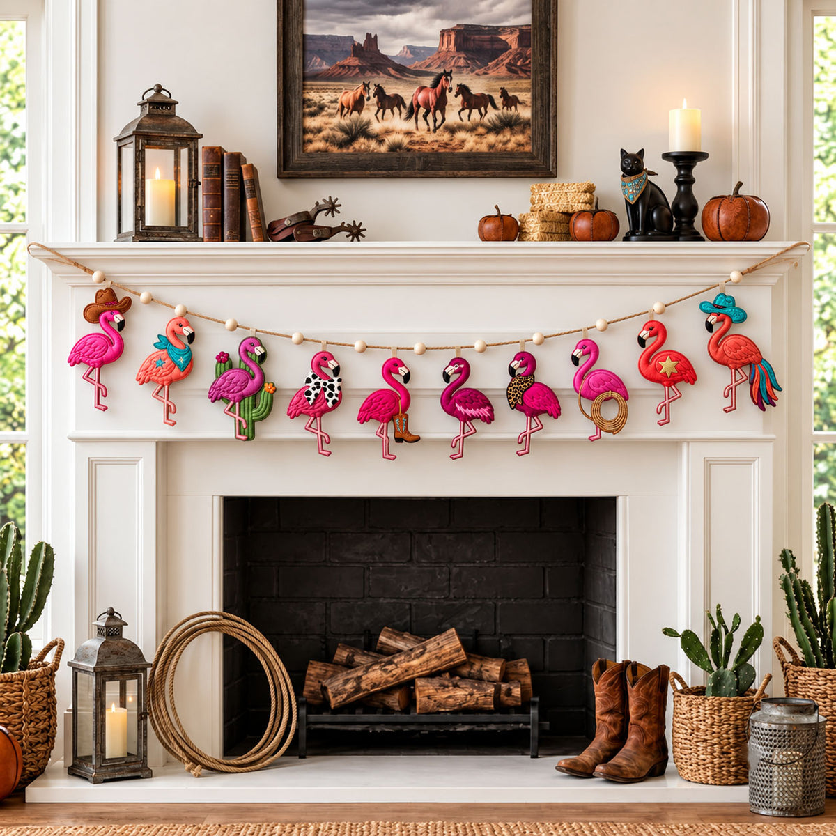Western Flamingo Custom Shape Quilted Garland GFTOPND2673
