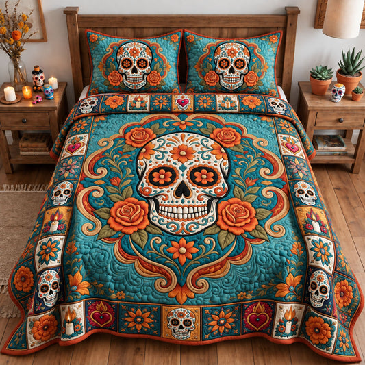 Sugar Skull Flower 3-Piece Quilted Bedding Set GFTOPND2690
