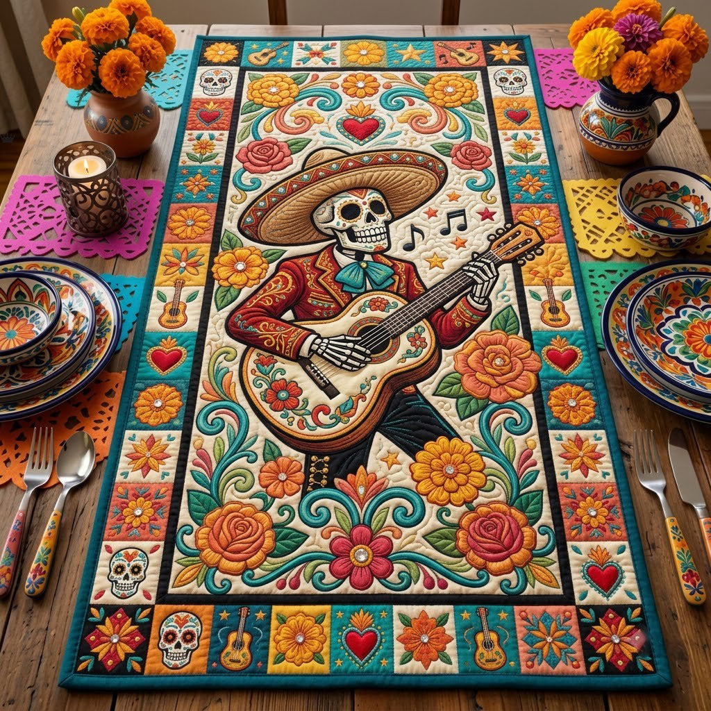 Mariachi Skeleton Guitar Quilted Table Runner GFTOPND2694