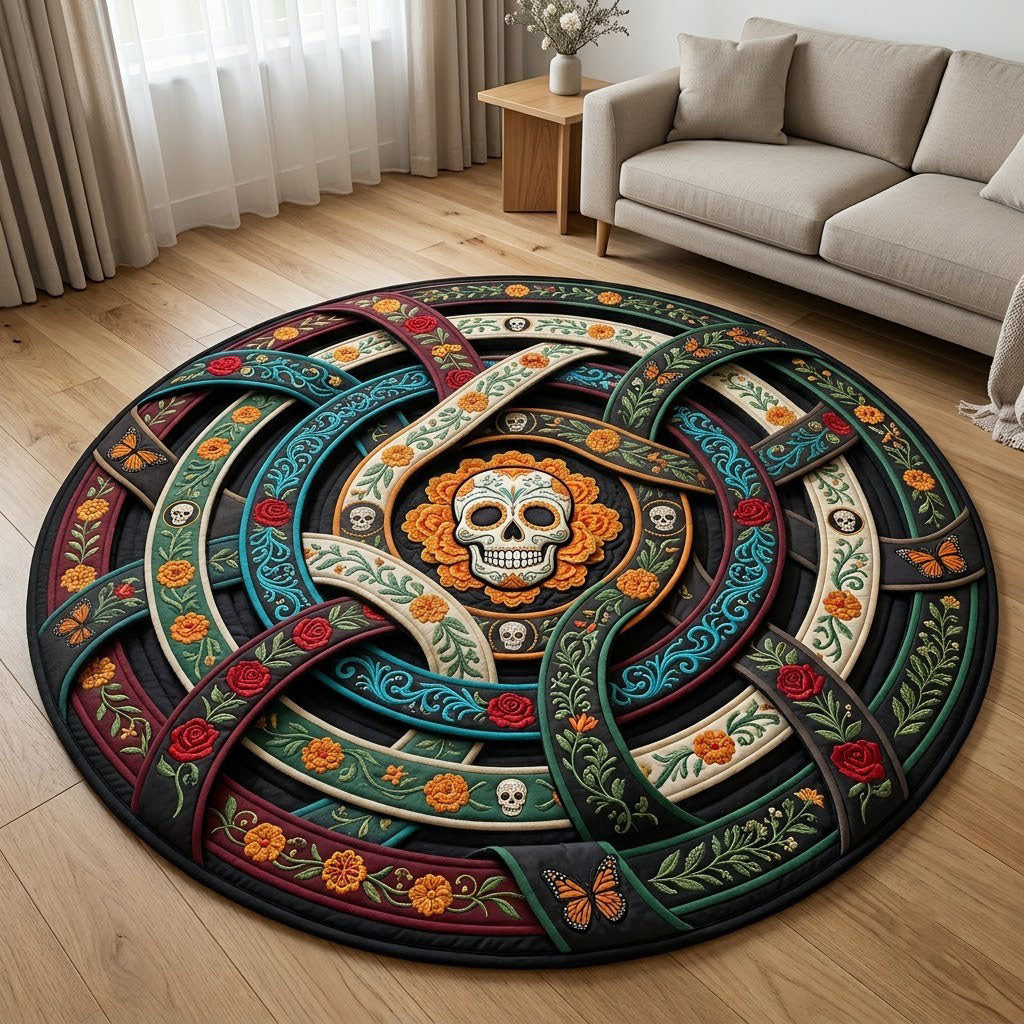 Sugar Skull Ribbon Labyrinth Quilted Round Mat GFTOPND2712