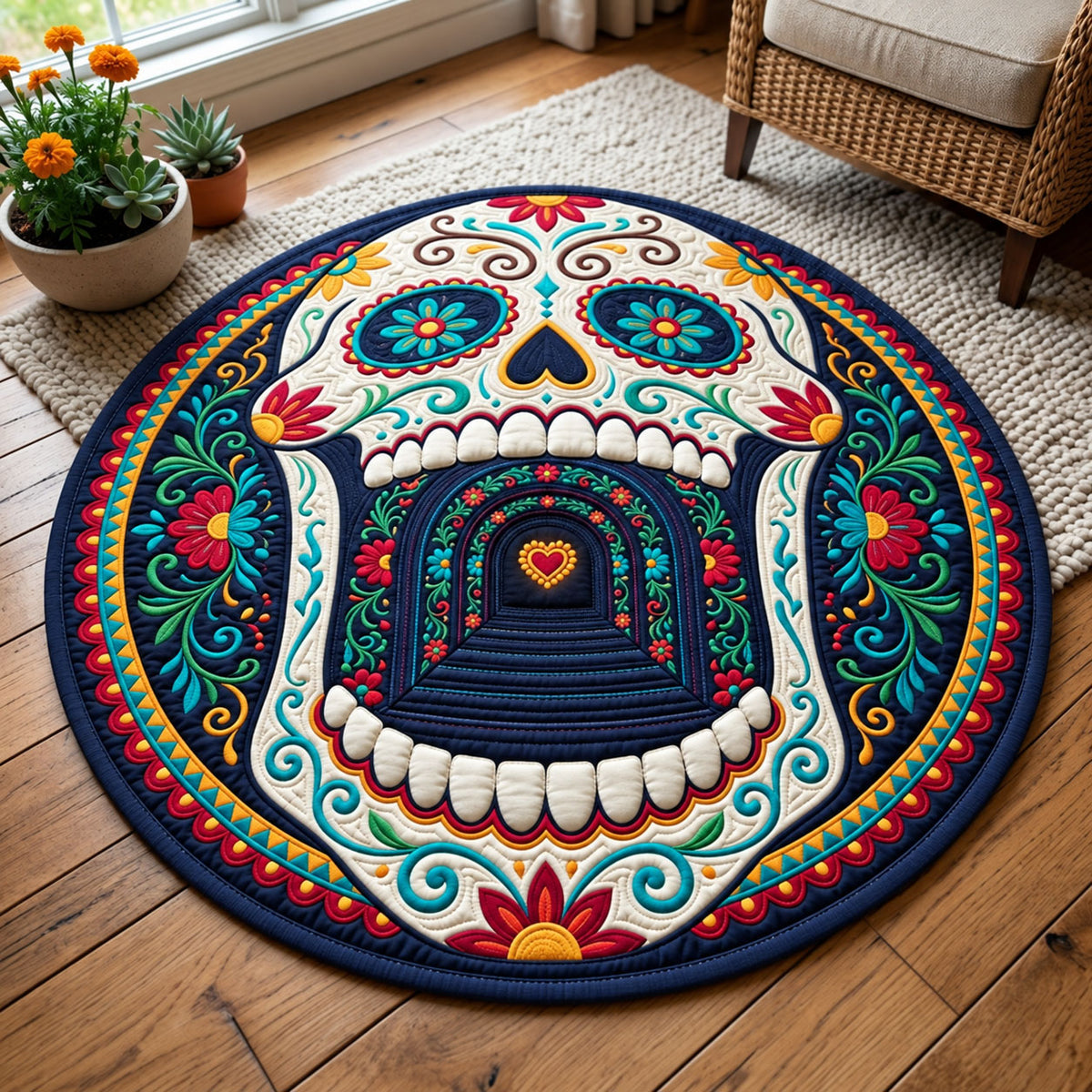 Tunnel Mouth Sugar Skull Quilted Round Mat GFTOPND2715