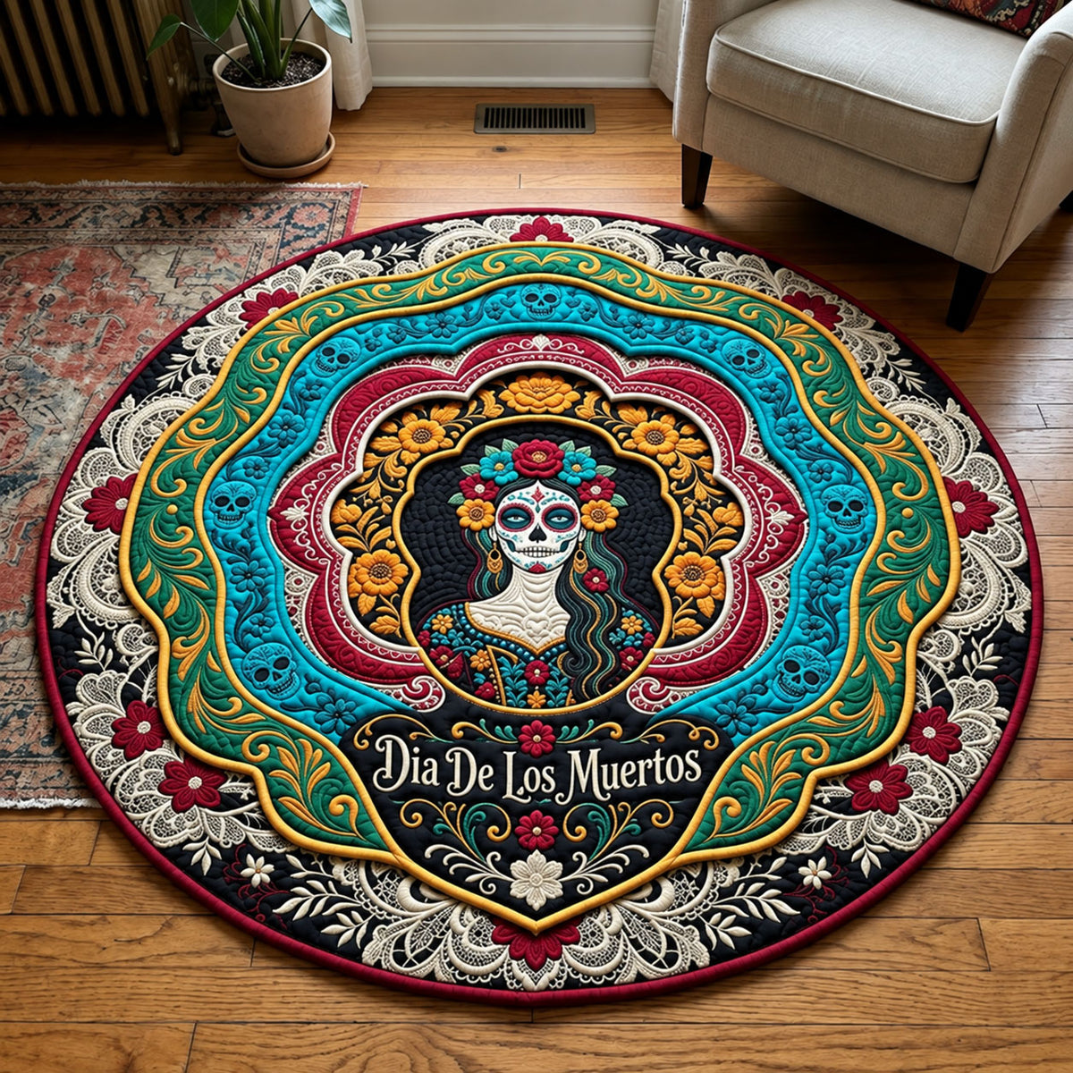 Dia De Los Muertos Quilted Round Mat GFTOPND2716