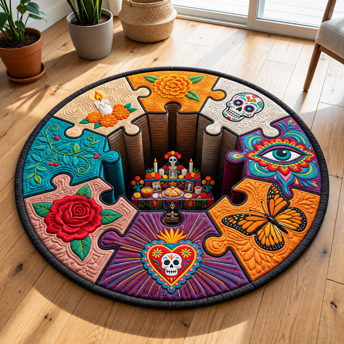Sugar Skull Puzzle Quilted Round Mat GFTOPND2717