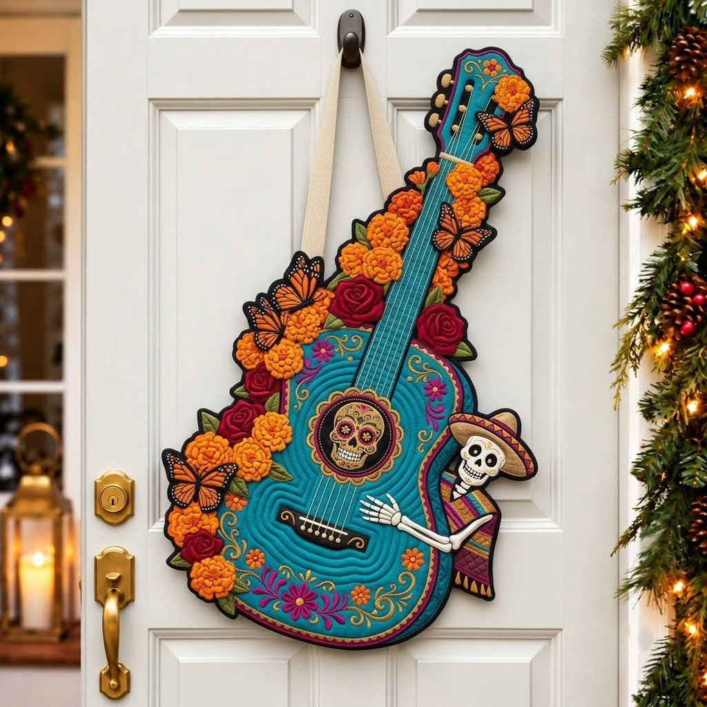Sugar Skull Guitar Custom Shape Quilted Door Hanger GFTOPND2725