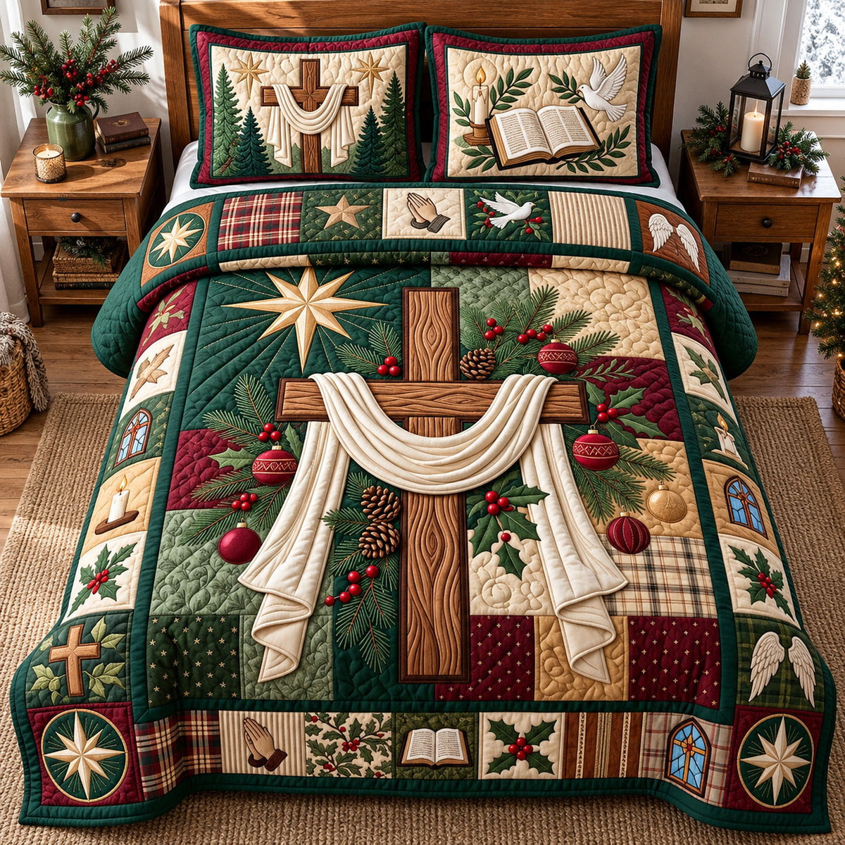 Cross Christmas 3-Piece Quilted Bedding Set GFTOPND2726