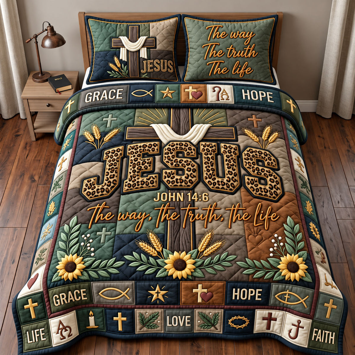 Leopard Christian Faith 3-Piece Quilted Bedding Set GFTOPND2779