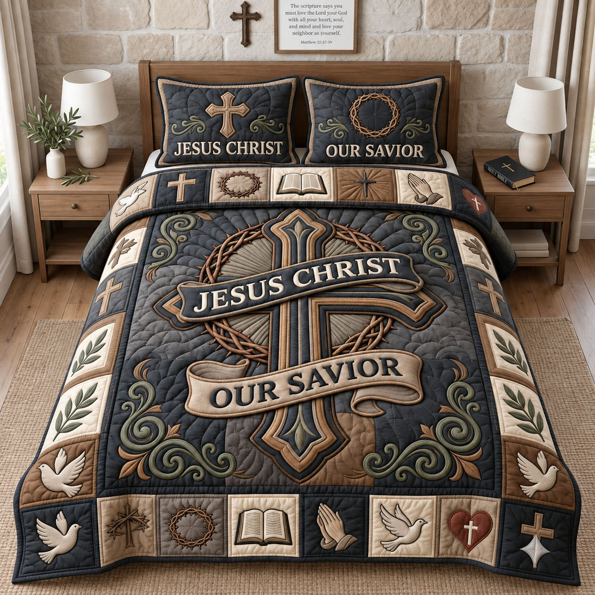 Jesus Christ Our Savior 3-Piece Quilted Bedding Set GFTOPND2787