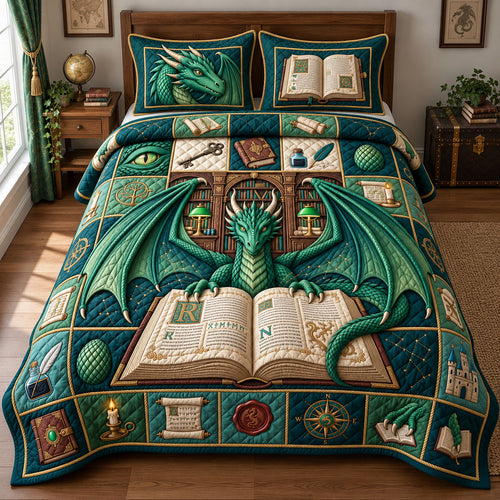 Emerald Dragon 3-Piece Quilted Bedding Set GFTOPND2809