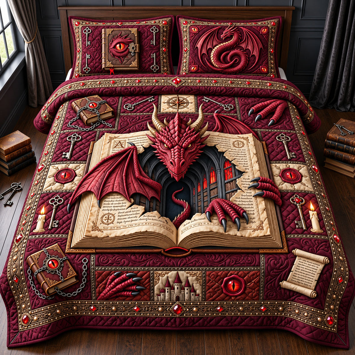 Crimson Dragon 3-Piece Quilted Bedding Set GFTOPND2810