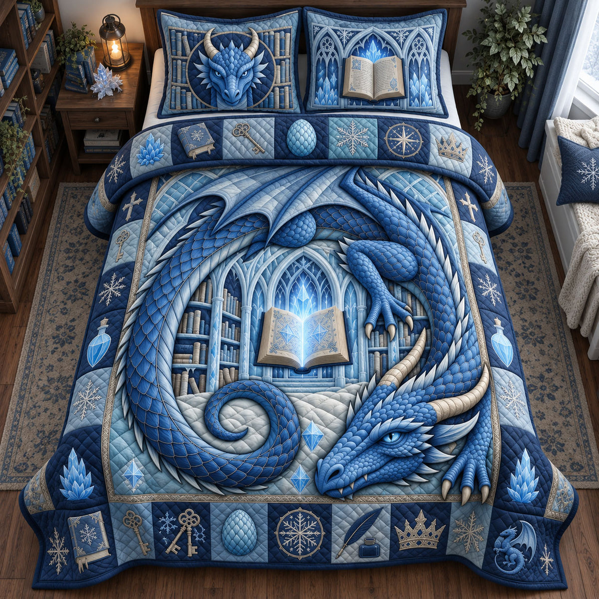 Sapphire Ice Dragon 3-Piece Quilted Bedding Set GFTOPND2811