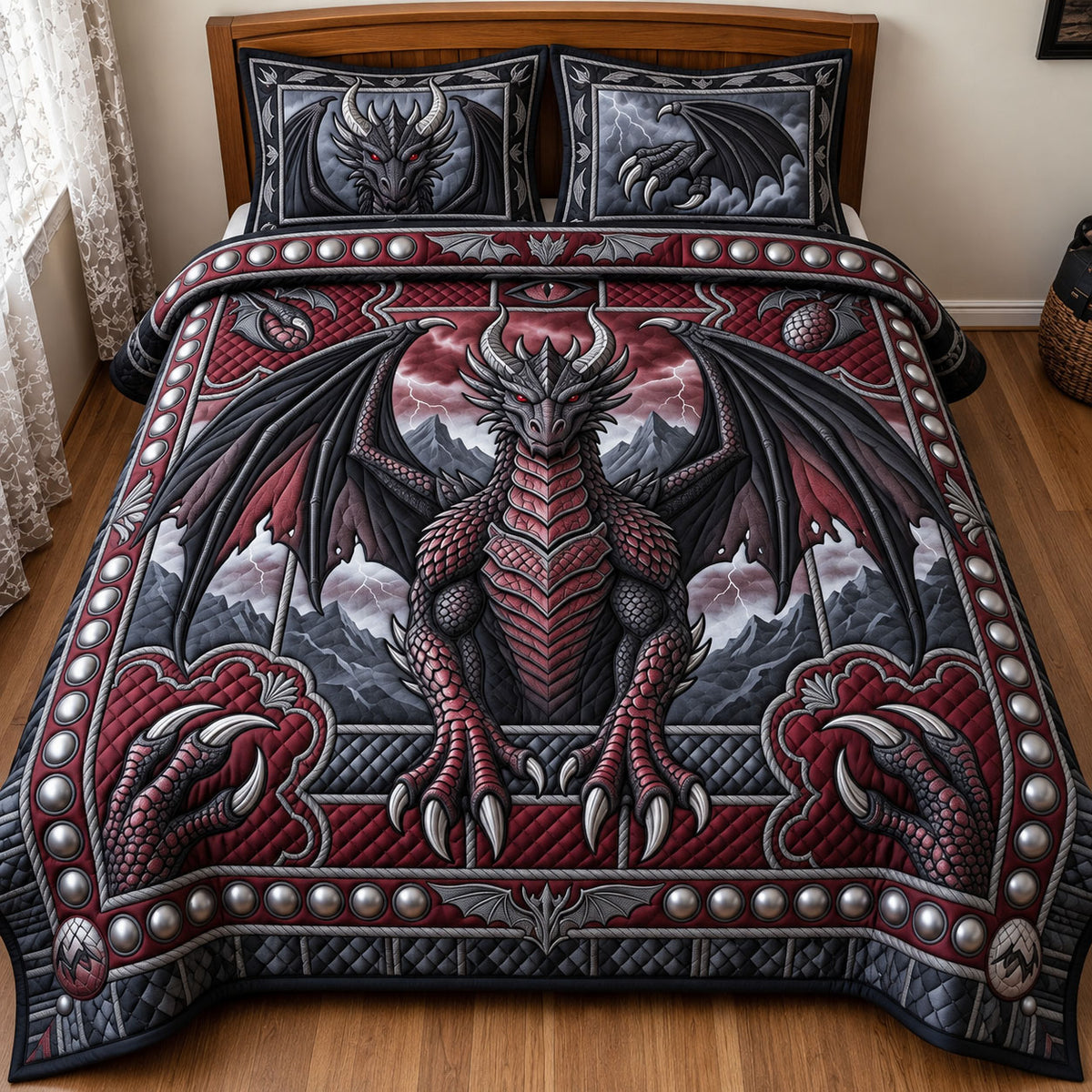 Black Obsidian Dragon 3-Piece Quilted Bedding Set GFTOPND2814