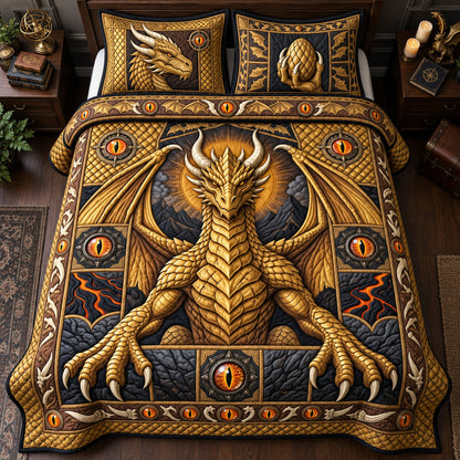 Ancient Golden Dragon King 3-Piece Quilted Bedding Set GFTOPND2815