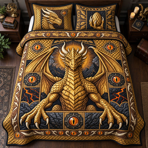 Ancient Golden Dragon King 3-Piece Quilted Bedding Set GFTOPND2815