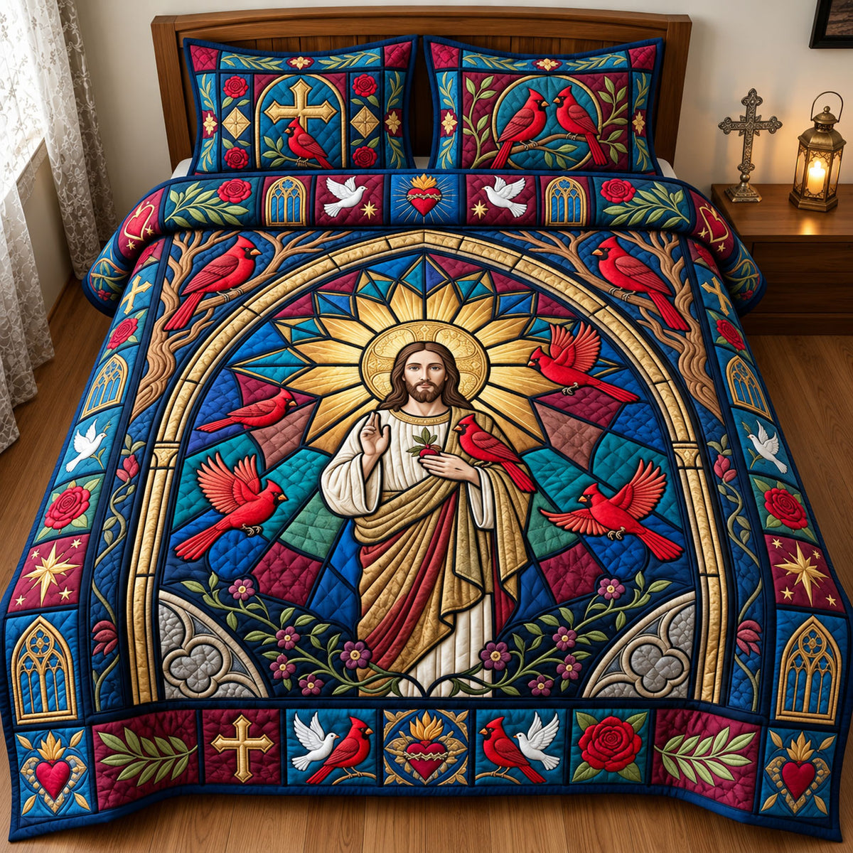 Jesus Cardinal Cathedral Window 3-Piece Quilted Bedding Set GFTOPND2816