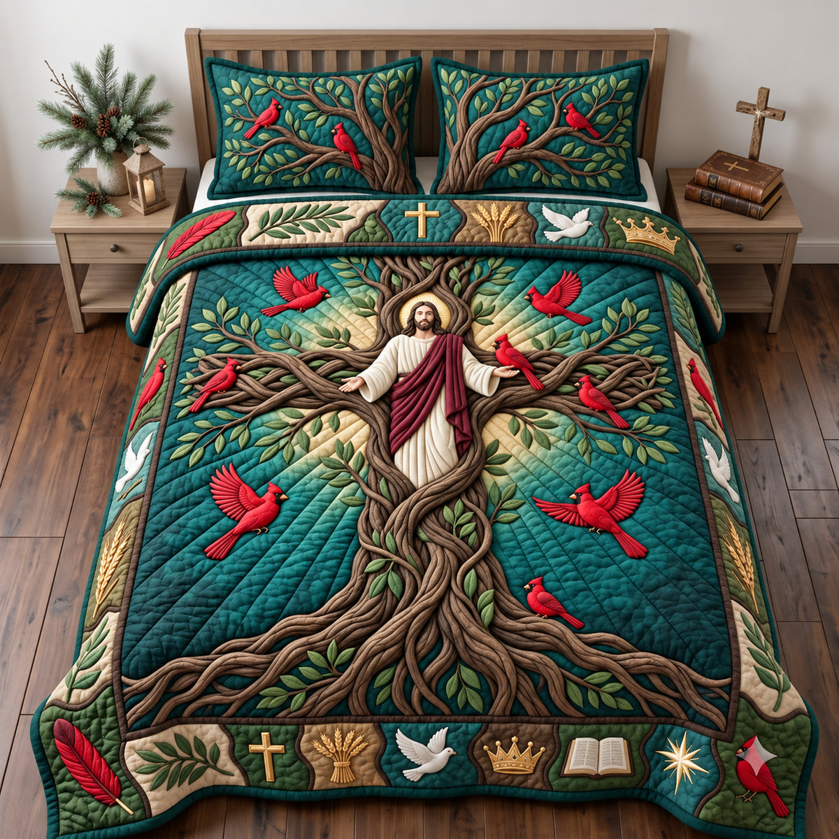 Cardinal Forest Cross 3-Piece Quilted Bedding Set GFTOPND2861