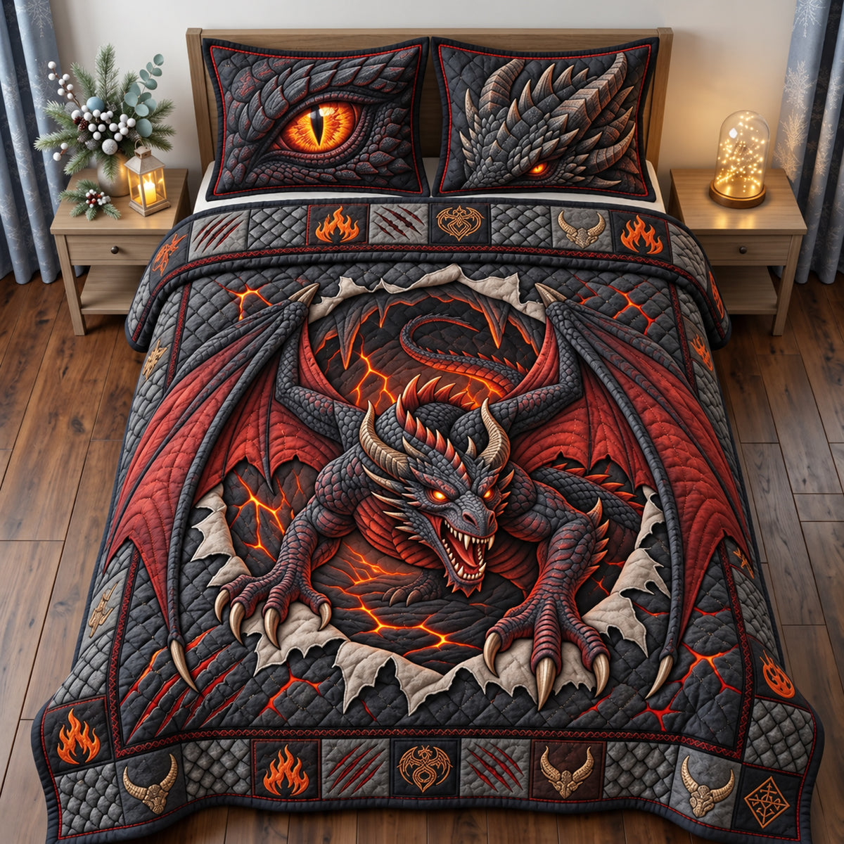 Inferno Dragon 3-Piece Quilted Bedding Set GFTOPND2864
