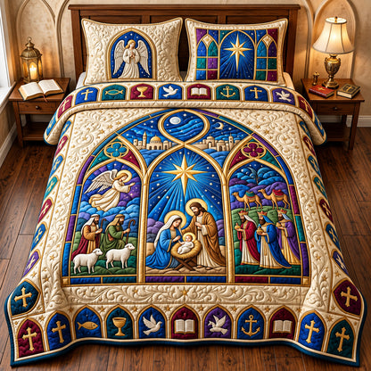Nativity Cathedral Window 3-Piece Quilted Bedding Set GFTOPND2901