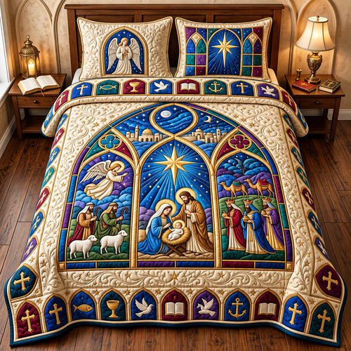 Nativity Cathedral Window 3-Piece Quilted Bedding Set GFTOPND2901