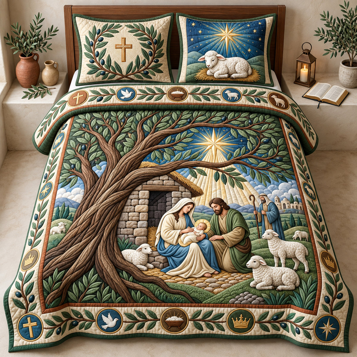 Nativity Under Olive Tree 3-Piece Quilted Bedding Set GFTOPND2902