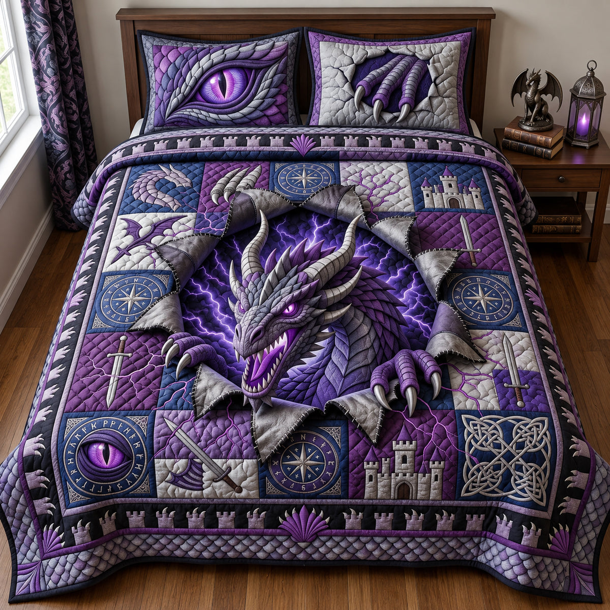 Amethyst Dragon 3-Piece Quilted Bedding Set GFTOPND2904