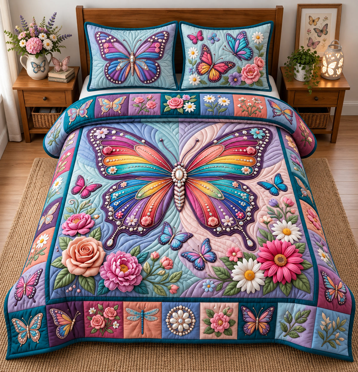 Jeweled Rainbow Butterfly 3-Piece Quilted Bedding Set GFTOPND2977