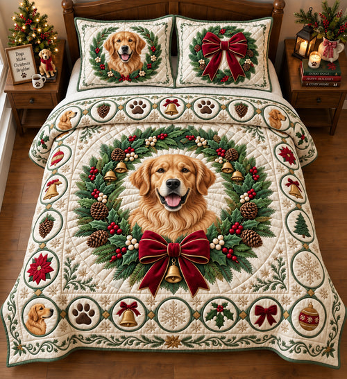 Golden Christmas Wreath 3-Piece Quilted Bedding Set GFTOPND2989
