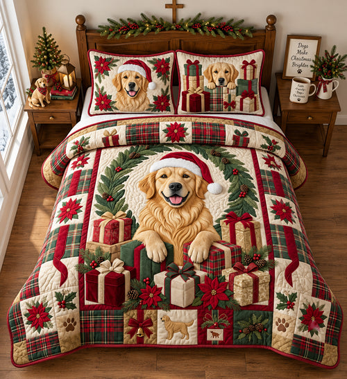 Golden Christmas Presents 3-Piece Quilted Bedding Set GFTOPND2991