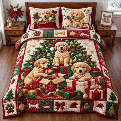 Golden Puppies Christmas Presents 3-Piece Quilted Bedding Set GFTOPND2992