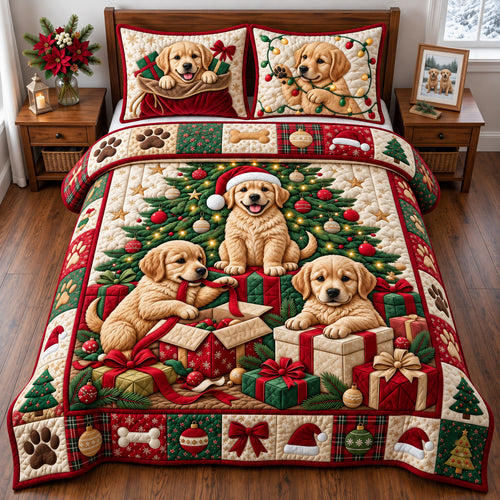 Golden Puppies Christmas Presents 3-Piece Quilted Bedding Set GFTOPND2992
