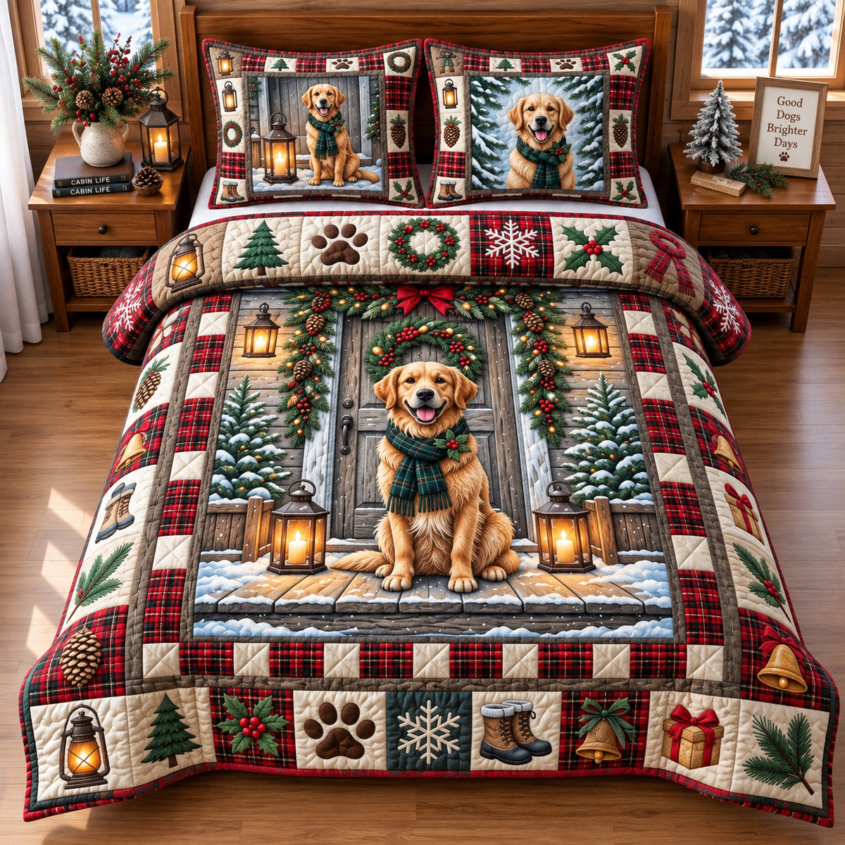Farmhouse Golden Retriever 3-Piece Quilted Bedding Set GFTOPND2993