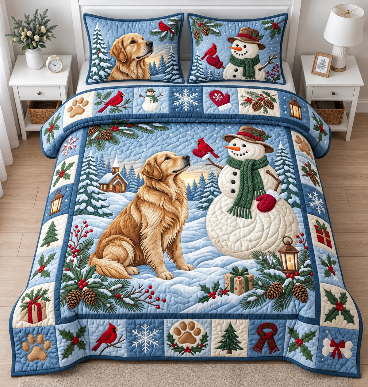 Winter Golden Retriever 3-Piece Quilted Bedding Set GFTOPND2994