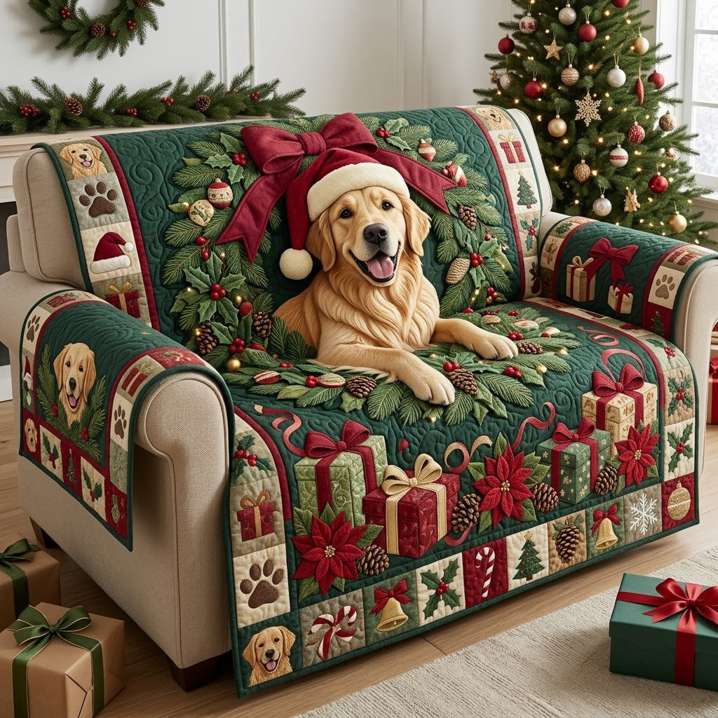 Golden Christmas Wreath Quilted Sofa Cover GFTOPND2995