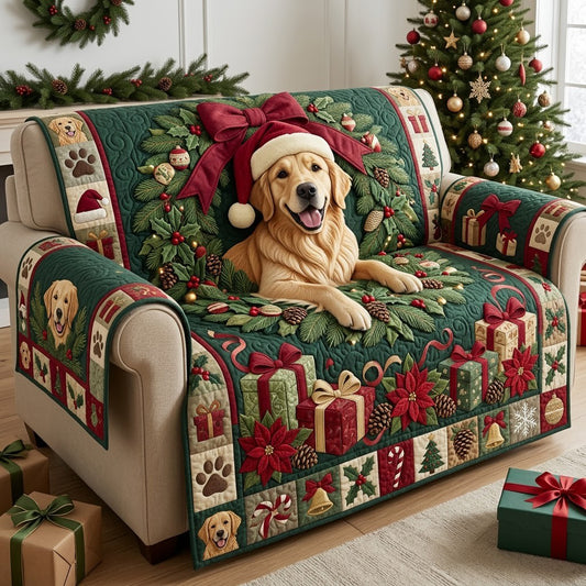 Golden Christmas Wreath Quilted Sofa Cover GFTOPND2995