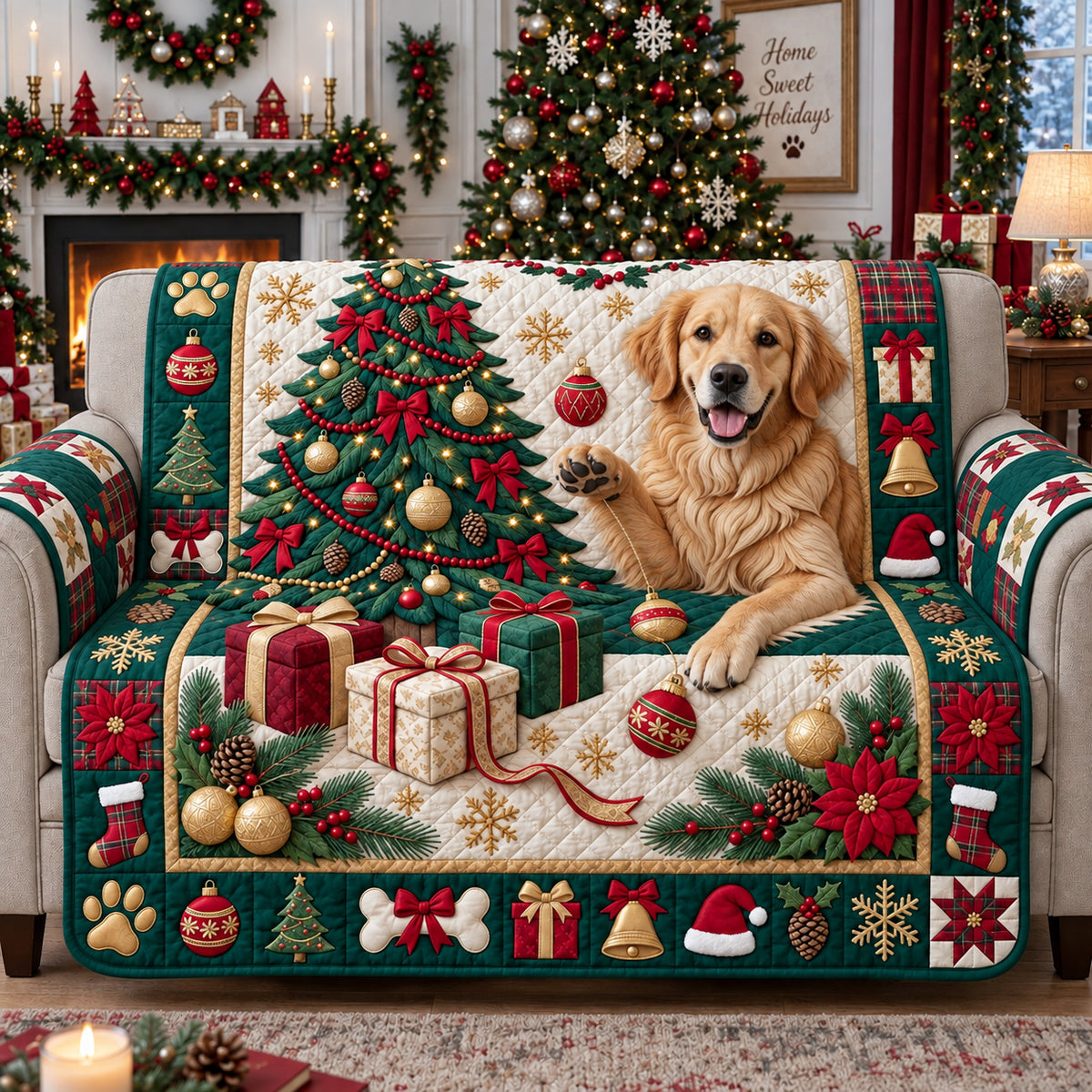 Playful Golden Retriever Quilted Sofa Cover GFTOPND3000