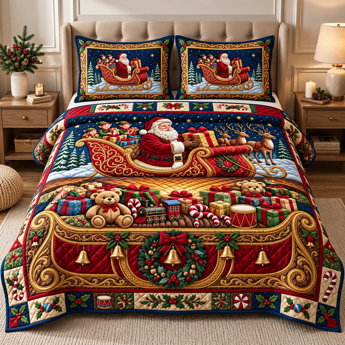 Santa Christmas Gifts 3-Piece Quilted Bedding Set GFTOPND3044 C3