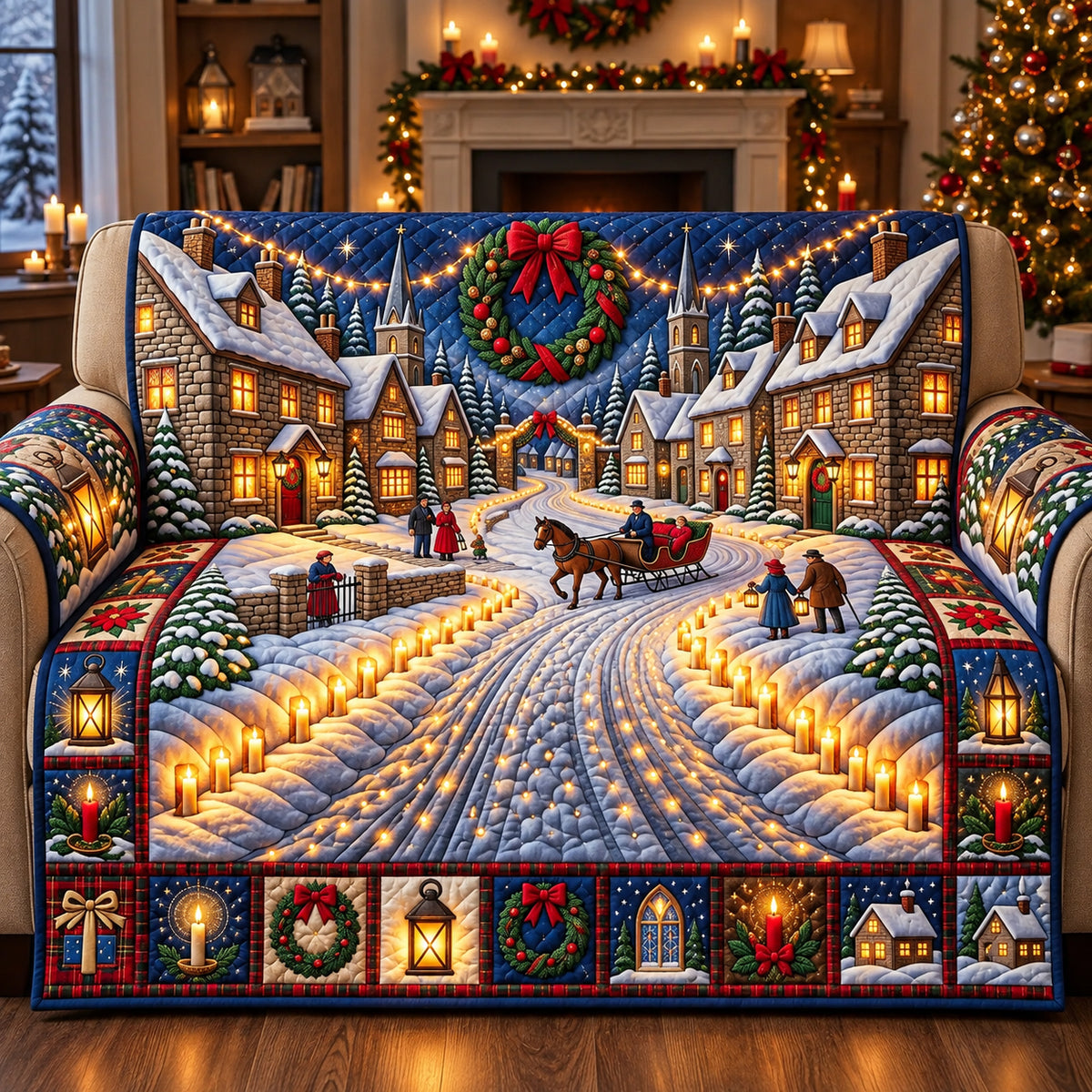 Golden Lantern Christmas Village Quilted Sofa Cover GFTOPND3066