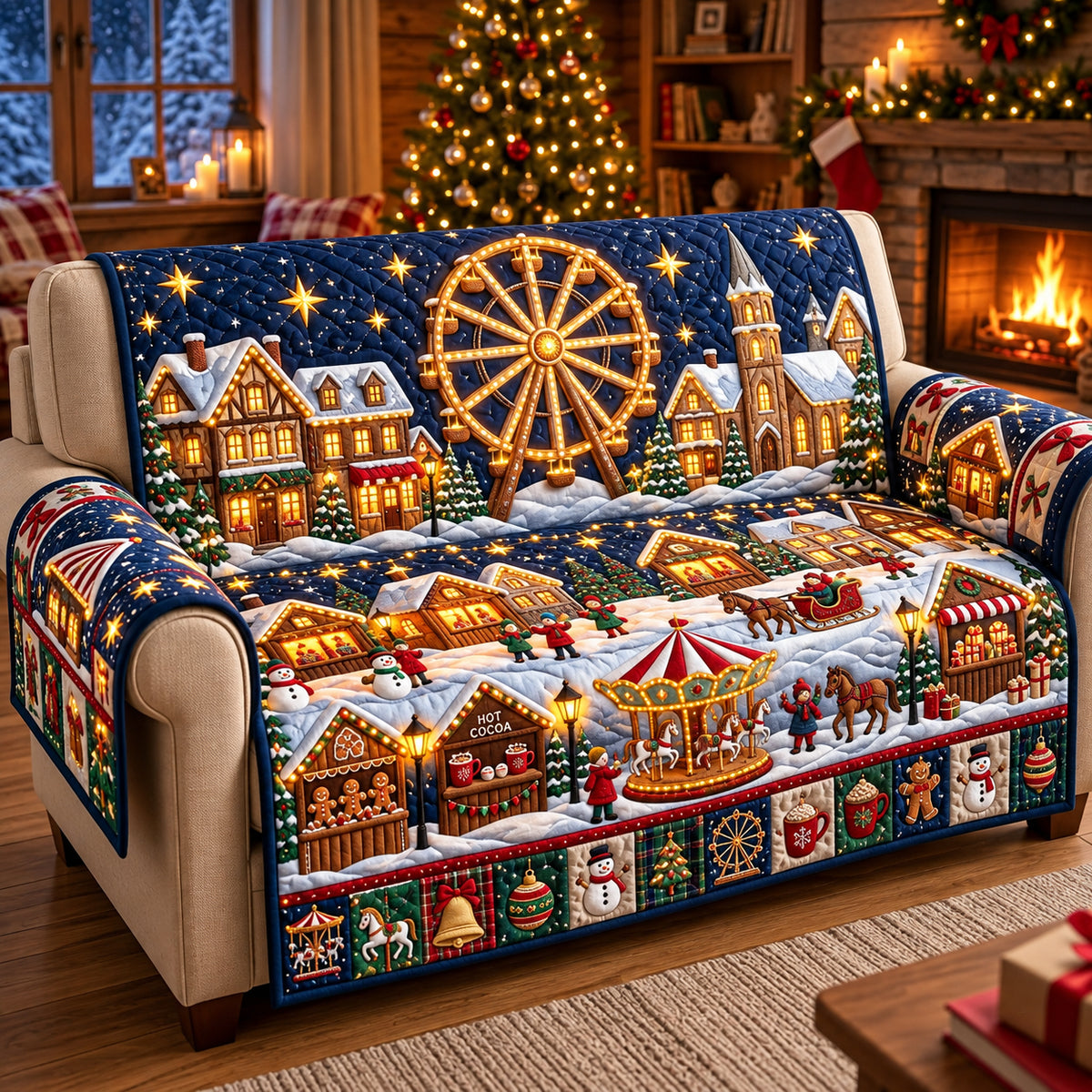 Christmas Village Winter Carnival Quilted Sofa Cover GFTOPND3068