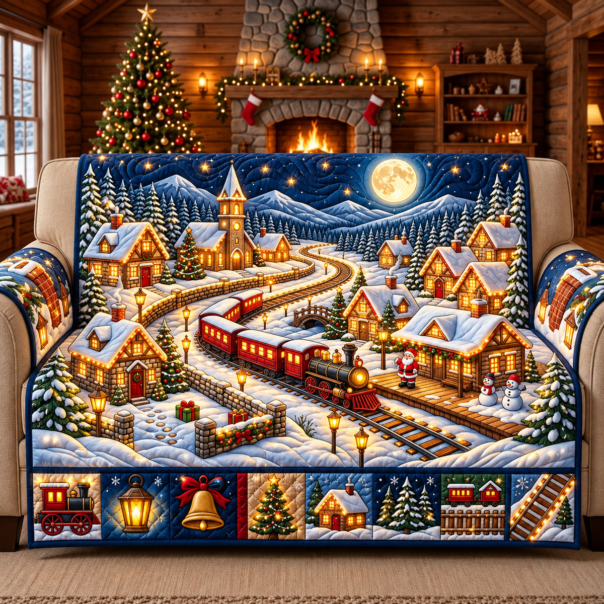 Snowy Christmas Village Quilted Sofa Cover GFTOPND3070