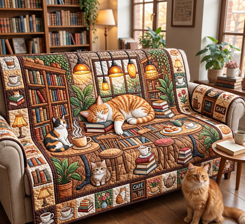 Cat Cafe Bookshop Quilted Sofa Cover GFTOPND3073