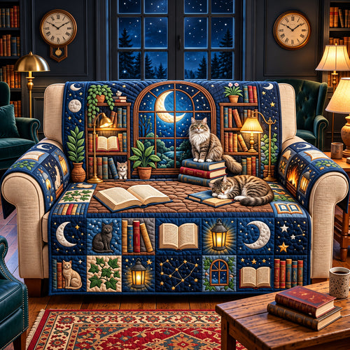 Moonlit Cat Library Quilted Sofa Cover GFTOPND3079
