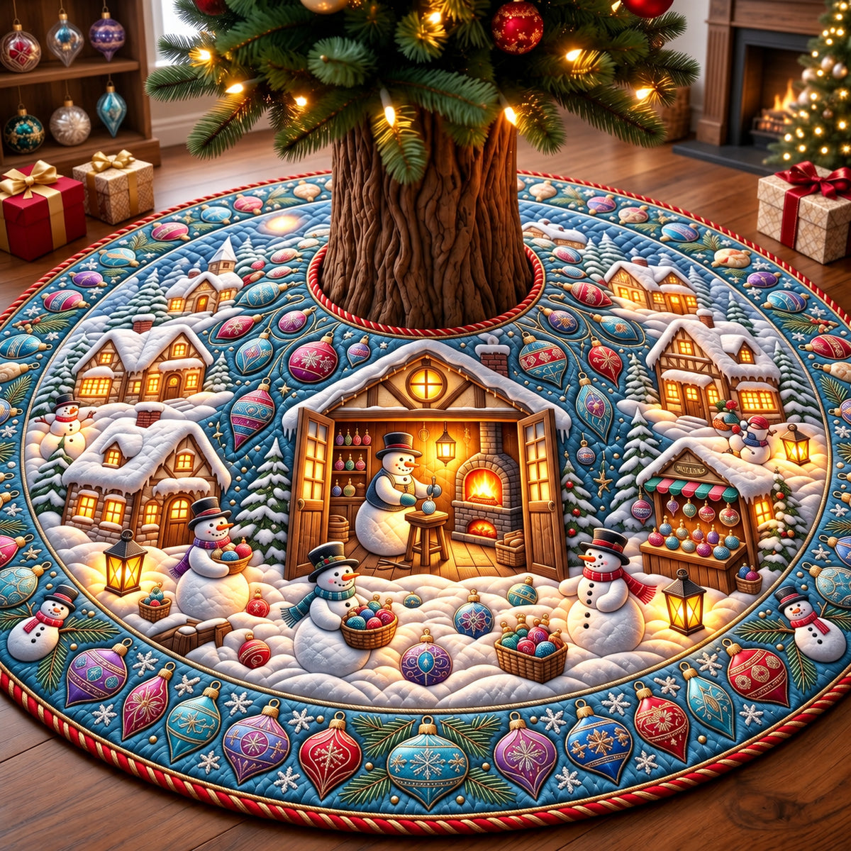 Snowman Glassmaker Village Quilted Tree Skirt GFTOPND3092
